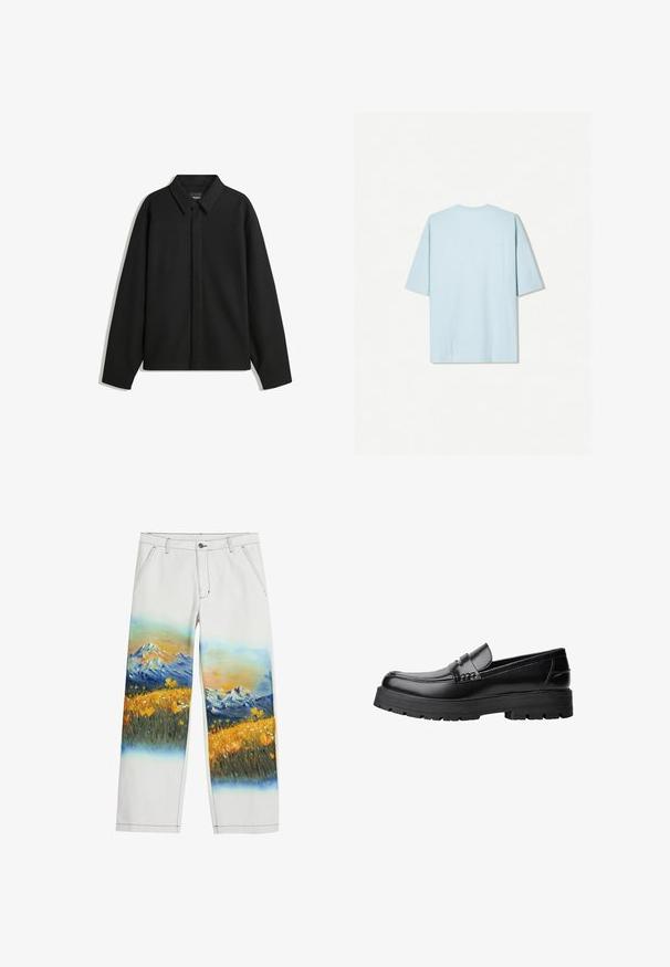 Black long-sleeve shirt jacket with a pointed collar, front placket, and a smooth texture. Relaxed fit with dropped shoulders.; Light blue cotton t-shirt with a crew neckline, short sleeves, and a simple back design featuring a small horizontal seam detail.; Desigual LANDSCAPE - Trousers - white; Black leather loafer with chunky treaded sole and decorative strap across the upper, shown in left side profile on white background.