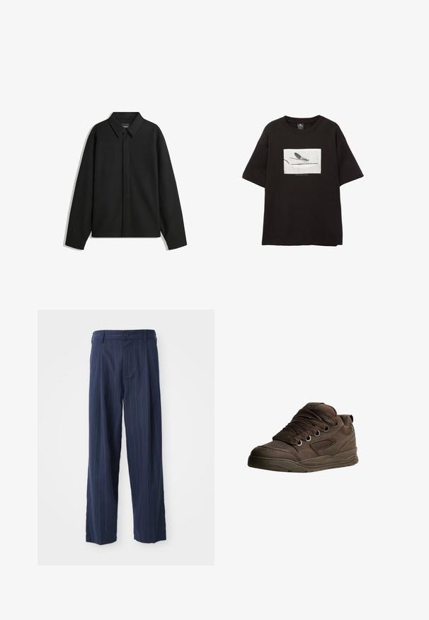 Černá bunda s dlouhým rukávem, špičatým límcem, přední légou a hladkým texturem. Volný střih s kleslými rameny.; Černé bavlněné tričko s krátkým rukávem, které má bílou obdélníkovou grafiku muňky na tenké lince, minimalistické logo pod obrázkem.; Námořnické modré pruhované kalhoty vyrobené z texturované tkaniny; mají zapínání na knoflíky, boční kapsy a uvolněný střih.; Hnědé sportovní boty vyrobené z hladkého syntetického materiálu. Mají silné šňůrky, síťované detaily, polstrovaný límec a texturovanou gumovou podrážku.