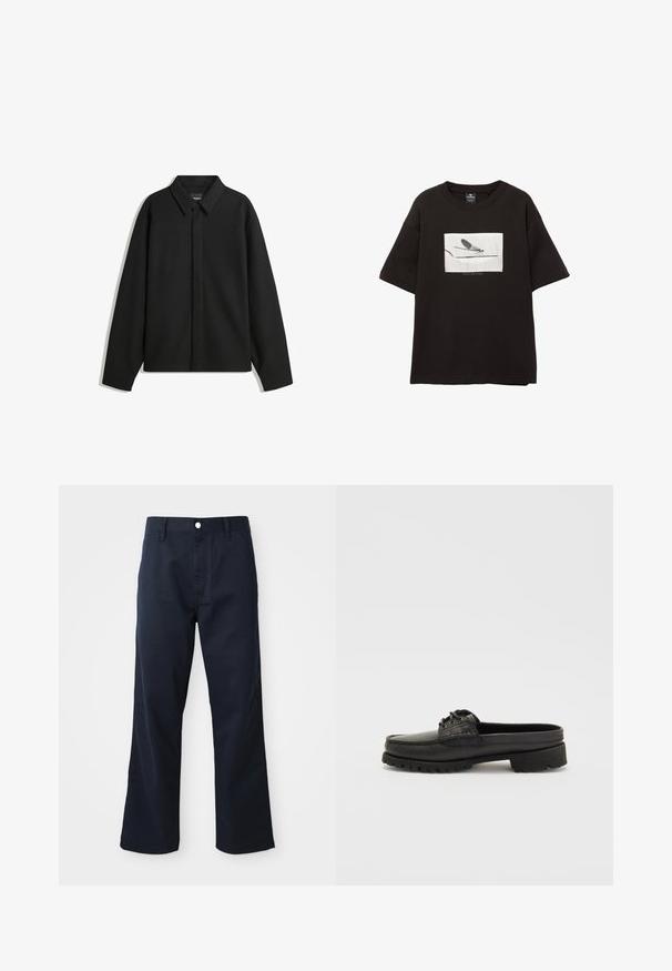 Musta pitkähihainen paita-takki, jossa on terävä kaulus, etupaneeli ja sileä materiaali. Rento istuvuus ja laskeutuvat olkapäät.; Mustan puuvillan t-paita lyhyillä hihoilla, jossa on valkoinen suorakulmainen graafinen kuva kärpäsestä ohueen viivaan, vähäinen brändäys kuvan alla.; Navy blue puuvillahousut suoran lahkeen muotoilulla, joissa on vetoketjukiinnitys, nappisulku ja etutaskut. Sujuva pinta ja siisti viimeistely.; Musta nahkainen slip-on-kenkä, jossa on nauhakiinnitys, pyöristetty kärki ja teksturoitu pohja. Sisältää hieman kohotetun kannan ja sileän pinnan.