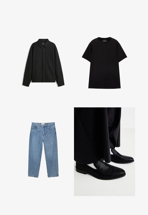 Fekete, hosszú ujjú ingdzseki hegyes gallérral, elülső gombolással és sima textúrával. Laid-back fit, lekonyult vállakkal.; PULL&BEAR JOIN LIFE - Basic póló - black; Világoskék farmernadrág, egyenes szárú fazonnal, öt zsebes kialakítással és látható márkás címkével a derekán.; Fekete perforált slip-on cipők lapos talppal és sima felülettel. Minimalista dizájn oldalsó kivágásokkal. Fekete nadrággal párosítva.