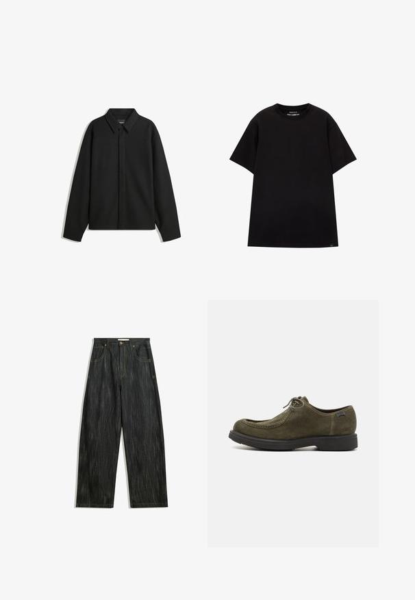 Fekete, hosszú ujjú ingdzseki hegyes gallérral, elülső gombolással és sima textúrával. Laid-back fit, lekonyult vállakkal.; PULL&BEAR JOIN LIFE - Basic póló - black; Sötét farmernadrág laza szabással, finom függőleges textúrával, sárga varrással, öt zsebbel és klasszikus gombos záródással.; Sötétzöld velúr cipők sima textúrával, lekerekített orral, varrott díszítésekkel és fekete gumitalppal.