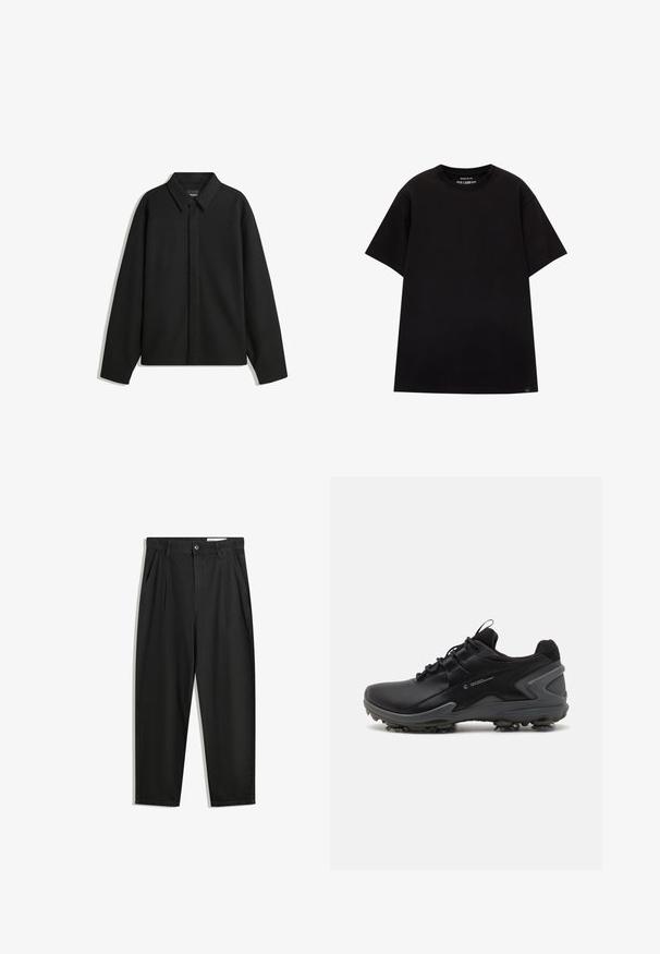 Jachetă neagră cu mâneci lungi și guler ascuțit, cu placket frontal și o textură netedă. Croială lejeră cu umeri lăsați.; PULL&BEAR JOIN LIFE - Tricou basic - black; Pantaloni negri din bumbac cu croială lejeră, având un brâu clasic, plii frontale și buzunare laterale. Textură netedă fără modele.; Adidași negri pentru sport, cu o suprafață superioară sintetică netedă, guler din plasă texturată și talpă din cauciuc cu vârfuri de tracțiune turnate.