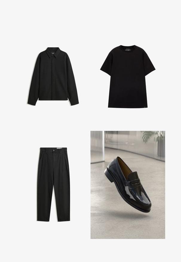 Musta pitkähihainen paita-takki, jossa on terävä kaulus, etupaneeli ja sileä materiaali. Rento istuvuus ja laskeutuvat olkapäät.; PULL&BEAR JOIN LIFE - T-paita - black; Mustat puuvillahousut rentoa mallia, joissa on klassinen vyötärö, etukangastukset ja sivutaskut. Sileä pinta ilman kuvioita.; Musta lakattu nahkalossi, jossa on ommeltu koriste, pyöreä varvas, matala korko ja sileä pinta, esitelty neutraalia taustaa vasten.