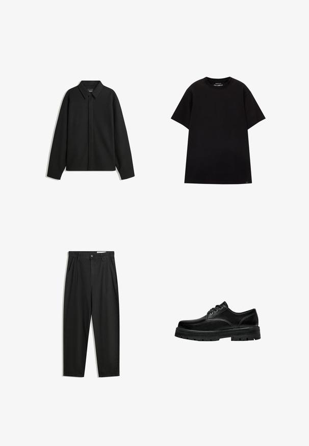 Giacca nera a maniche lunghe con colletto a punta, patta frontale e una texture liscia. Vestibilità rilassata con spalle scese.; PULL&BEAR JOIN LIFE - T-shirt basic - black; Pantaloni in cotone neri con una vestibilità rilassata, dotati di una vita classica, pieghe frontali e tasche laterali. Tessuto liscio senza fantasie.; Scarpa nera in pelle con lacci, punta arrotondata, finitura texturizzata e suola in gomma spessa con battistrada profondo per una migliore aderenza.