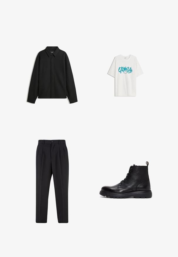 Giacca nera a maniche lunghe con colletto a punta, patta frontale e una texture liscia. Vestibilità rilassata con spalle scese.; Bershka SHORT SLEEVE - T-shirt con stampa - white; Pantaloni neri con design a pieghe sul davanti, realizzati in tessuto morbido. Presentano una chiusura con bottone e passanti per cintura; vestibilità a gamba dritta.; Stivaletto in pelle nera con finitura testurizzata, punta rotonda, chiusura con lacci davanti e suola in gomma spessa con trazione. Linguetta sul retro.