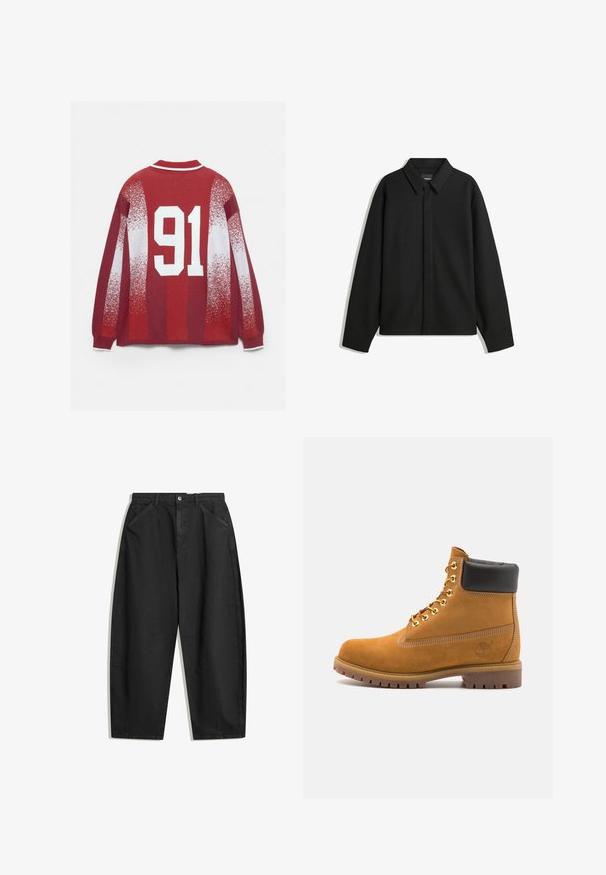 Black long-sleeve shirt jacket with a pointed collar, front placket, and a smooth texture. Relaxed fit with dropped shoulders.; Red sweater featuring a white striped collar, fading white patterns, and a large white '91' printed on the back.; Black wide-leg trousers made of cotton, featuring a high waist, front pockets, and subtle stitching details. Smooth texture without patterns.; Tan suede ankle boot with black padded collar, gold metal eyelets, white stitching detailing, and rugged rubber sole with pronounced treads.