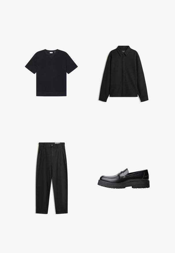 Crna jakna s dugim rukavima i oštrim ovratnikom, prednjim kopčanjem i glatkom teksturom. Opušteni kroj s spuštenim ramenima.; Crna majica kratkih rukava od teksturiranog materijala, s okruglim dekolteom i ravnim rubom. Nema vidljivih uzoraka ili akcenata.; Crne pamučne hlače s opuštenim krojem, s klasičnim pojasom, prednjim nabranjima i bočnim džepovima. Glatka tekstura bez uzoraka.; Crna kožna mokasina s debelim potplatima i dekorativnom trakom preko gornjeg dijela, prikazana u lijevom bočnom profilu na bijeloj pozadini.