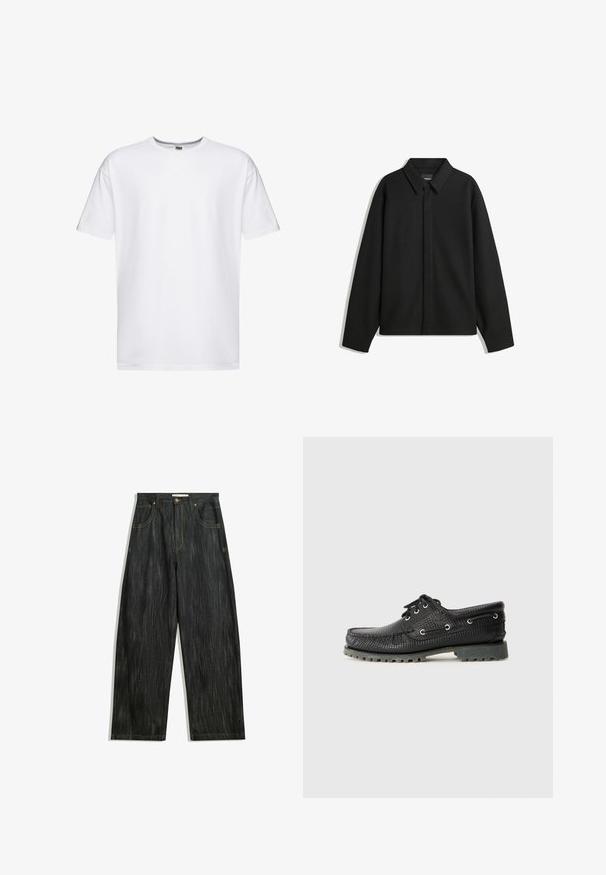 Schwarze Langarmhemdjacke mit spitzem Kragen, Frontblende und glatter Textur. Lässiger Schnitt mit abgesenkten Schultern.; Weiße Baumwoll-T-Shirt mit kurzen Ärmeln, Rundhalsausschnitt und lockerer Passform. Keine Muster oder Logos, glatte Textur und standardmäßige Länge.; Dunkelblaue Jeans mit lockerer Passform, mit subtiler vertikaler Struktur, gelben Nähten, fünf Taschen und klassischem Knopfverschluss.; Schwarze, strukturierte Schnürschuhe mit runder Zehenform, metallischen Ösen und einer robusten grauen Gummisohle. Verfügt über ein gewebtes Muster im oberen Bereich.