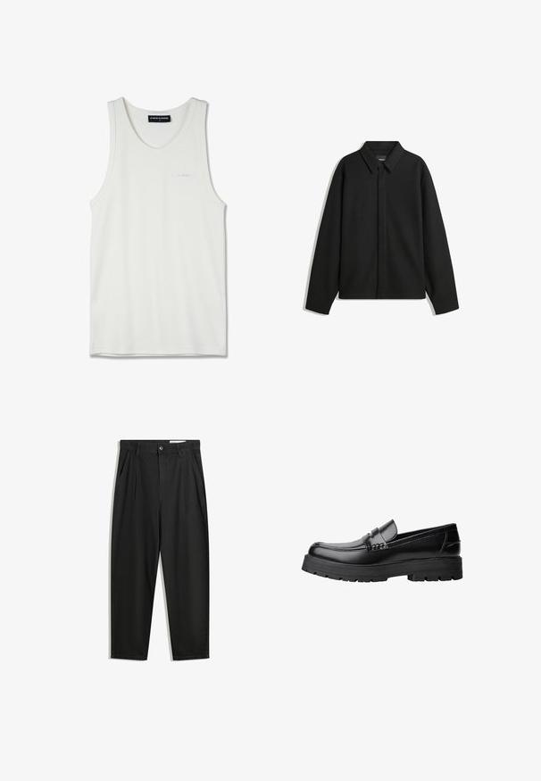 Črna dolga majica s kratkimi rokavi z ostrim ovratnikom, sprednjim zapiranjem in gladko teksturo. Ohlapen kroj z nizkimi rameni.; Bela bombažna majica brez rokavov z zaobljeno ovratnico in ozkimi naramnicami. Ima diskretno vezeno logo v svetlo modri barvi na prsih.; Črne bombažne hlače s sproščenim krojem, ki vključujejo klasičen pas, sprednje gube in stranske žepke. Gladka tekstura brez vzorcev.; Črne usnjene loafersice s debelim profiliranim podplatom in dekorativnim pasom čez zgornji del, prikazane v levem stranskem profilu na beli podlagi.