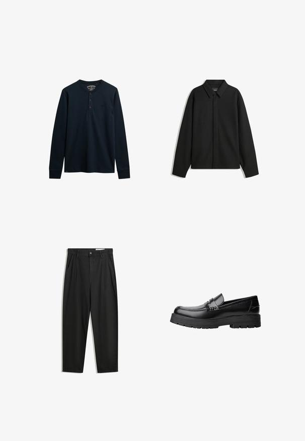 Sort langærmet skjortejakke med spids krave, frontklap og glat overflade. Relaxed fit med sænkede skuldre.; Marineblå langærmet henley skjorte lavet af blødt bomuld, med en tre-knaps placket, afrundet kant og lille logo på brystet.; Sorte bomuldsbukser med en afslappet pasform, der har en klassisk talje, frontfolder og sidelommer. Glat tekstur uden mønstre.; Sort læderloafer med kraftig sål og dekorativ rem henover, vist i venstre sideprofil på hvid baggrund.