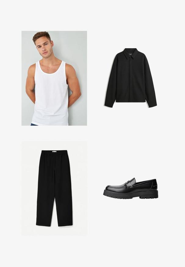 Schwarze Langarmhemdjacke mit spitzem Kragen, Frontblende und glatter Textur. Lässiger Schnitt mit abgesenkten Schultern.; Weißes Baumwoll-Top mit Rundhalsausschnitt und weiten Armausschnitten, präsentiert an einem Modell vor einem hellgrauen Hintergrund.; Schwarze, weit geschnittene Hose aus leichtem Stoff. Mit elastischem Bund und glatter Textur. Keine sichtbaren Muster oder Beschläge.; Schwarzer Lederloafer mit grobem, rutschfestem Sohlenprofil und dekorativem Riemen über der Oberseite, seitlich links auf weißem Hintergrund abgebildet.
