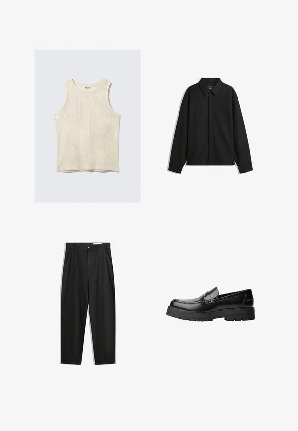 Sort langærmet skjortejakke med spids krave, frontklap og glat overflade. Relaxed fit med sænkede skuldre.; Cremefarvet ribbet tanktop med rund halsudskæring og brede skulderstropper. Blød tekstur med et enkelt design. Labelen læser "WEEKDAY."; Sorte bomuldsbukser med en afslappet pasform, der har en klassisk talje, frontfolder og sidelommer. Glat tekstur uden mønstre.; Sort læderloafer med kraftig sål og dekorativ rem henover, vist i venstre sideprofil på hvid baggrund.