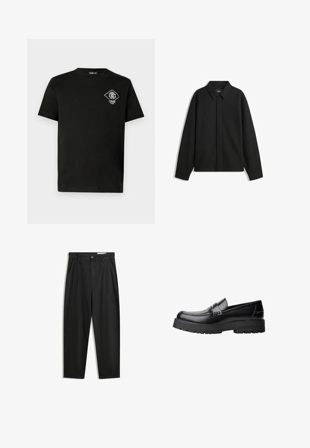 Fekete, hosszú ujjú ingdzseki hegyes gallérral, elülső gombolással és sima textúrával. Laid-back fit, lekonyult vállakkal.; Fekete pamut póló kerek nyakkivágással, bal mellrészen gyémánt alakú fehér logó folttal. Rövid ujjú, sima textúrájú.; Fekete pamut nadrág laza szabással, klasszikus derékrésszel, elülső hajtásokkal és oldalsó zsebekkel. Simább textúra minta nélkül.; Fekete bőr loaferek vastag, bordázott talppal és díszcsíkkal az upper rész felett, bal oldali profilmódban, fehér háttér előtt.