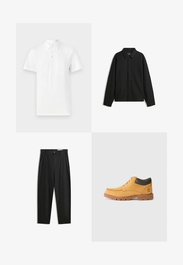 Fekete, hosszú ujjú ingdzseki hegyes gallérral, elülső gombolással és sima textúrával. Laid-back fit, lekonyult vállakkal.; Fehér, rövid ujjú pólóing, puha anyagból készült. Három gombos záródással és bal oldali mellzsebbel rendelkezik.; Fekete pamut nadrág laza szabással, klasszikus derékrésszel, elülső hajtásokkal és oldalsó zsebekkel. Simább textúra minta nélkül.; Sárga bőr cipő barna gumitalppal, kerek orral és zöld bőr bokadísszel. Arany fűzőlyukakkal és varrási díszítésekkel rendelkezik.