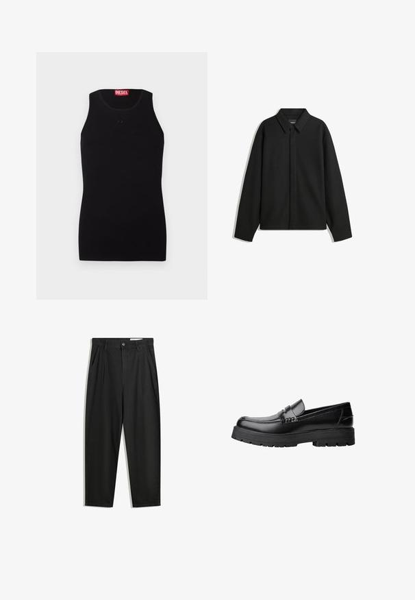 Jachetă neagră cu mâneci lungi și guler ascuțit, cu placket frontal și o textură netedă. Croială lejeră cu umeri lăsați.; Tops cu bretele negre Diesel, cu decolteu rotund, logo ton pe piept și etichetă roșie în guler pe un fundal alb.; Pantaloni negri din bumbac cu croială lejeră, având un brâu clasic, plii frontale și buzunare laterale. Textură netedă fără modele.; Mocasini din piele neagră, cu talpă groasă și profilată și bandă decorativă pe partea superioară, prezentati din profil stâng pe fundal alb.