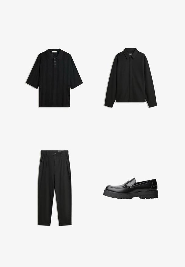 Fekete, hosszú ujjú ingdzseki hegyes gallérral, elülső gombolással és sima textúrával. Laid-back fit, lekonyult vállakkal.; Fekete pólóing rövid ujjal, texturált kötött mintával, három gombos záródással és klasszikus galléros kialakítással.; Fekete pamut nadrág laza szabással, klasszikus derékrésszel, elülső hajtásokkal és oldalsó zsebekkel. Simább textúra minta nélkül.; Fekete bőr loaferek vastag, bordázott talppal és díszcsíkkal az upper rész felett, bal oldali profilmódban, fehér háttér előtt.