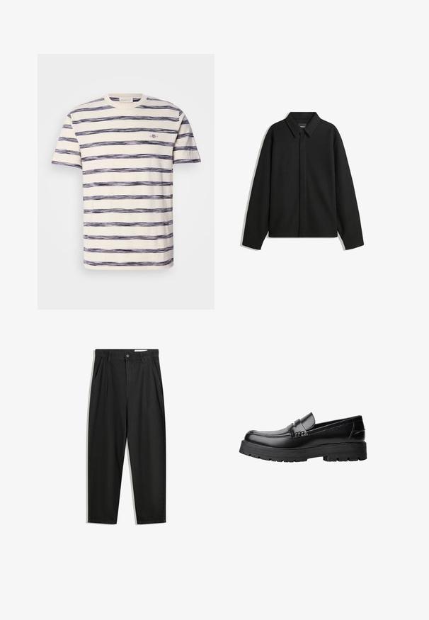Jachetă neagră cu mâneci lungi și guler ascuțit, cu placket frontal și o textură netedă. Croială lejeră cu umeri lăsați.; Tricou cu mânecă scurtă, în dungi, de culoare crem cu dungi orizontale neuniforme de culoare albastru marin, ce prezintă un mic logo pe piept. Material din bumbac moale.; Pantaloni negri din bumbac cu croială lejeră, având un brâu clasic, plii frontale și buzunare laterale. Textură netedă fără modele.; Mocasini din piele neagră, cu talpă groasă și profilată și bandă decorativă pe partea superioară, prezentati din profil stâng pe fundal alb.