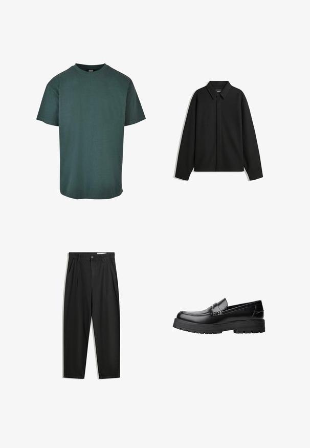 Sort langærmet skjortejakke med spids krave, frontklap og glat overflade. Relaxed fit med sænkede skuldre.; Mørkegrøn bomulds t-shirt med rund hals, korte ærmer og lige kant. Blød tekstur, afslappet pasform og et enkelt design.; Sorte bomuldsbukser med en afslappet pasform, der har en klassisk talje, frontfolder og sidelommer. Glat tekstur uden mønstre.; Sort læderloafer med kraftig sål og dekorativ rem henover, vist i venstre sideprofil på hvid baggrund.