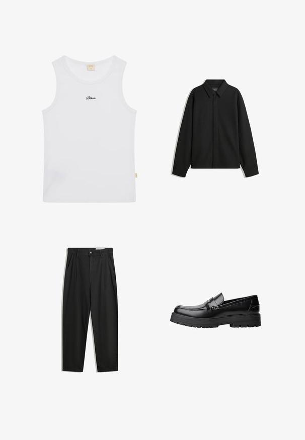 Zwarte lange mouwen overhemdjasje met een spitse kraag, voorste sluiting en een zachte textuur. Losse pasvorm met een verlaagde schouder.; Witte geribde tanktop met een ronde halslijn en de tekst "Blevis" geborduurd in het zwart op de borst. Zachte stof met een lichte rek.; Zwarte katoenen broeken met een losse pasvorm, voorzien van een klassieke tailleband, voorplooien en zijzakken. Gladde structuur zonder patronen.; Zwarte leren loafer met een chunky profielzool en een decoratieve band over de bovenkant, weergegeven in het linkerzijprofiel op een witte achtergrond.
