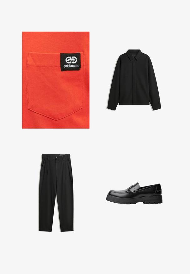 Schwarze Langarmhemdjacke mit spitzem Kragen, Frontblende und glatter Textur. Lässiger Schnitt mit abgesenkten Schultern.; Rotes Baumwollhemd mit einer aufgenähten Tasche, die ein schwarzes Etikett mit dem "eckō unlt'd"-Logo und einer Logografik zeigt.; Schwarze Baumwollhose mit lockerem Schnitt, ausgestattet mit einem klassischen Bund, vorderen Falten und Seiten taschen. Glatte Textur ohne Muster.; Schwarzer Lederloafer mit grobem, rutschfestem Sohlenprofil und dekorativem Riemen über der Oberseite, seitlich links auf weißem Hintergrund abgebildet.