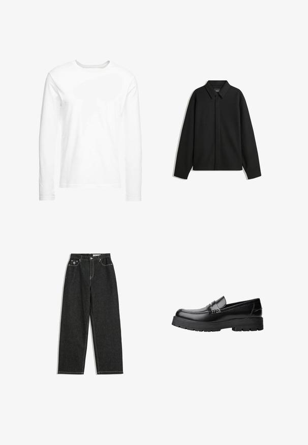 Giacca nera a maniche lunghe con colletto a punta, patta frontale e una texture liscia. Vestibilità rilassata con spalle scese.; T-shirt bianca a maniche lunghe realizzata in morbido cotone. Collo a girocollo con orli dritti e senza motivi o grafiche visibili.; Jeans neri a gamba dritta con cuciture bianche, design a cinque tasche, chiusura con bottone e cerniera, e un piccolo logo sulla tasca frontale destra.; Mocassino in pelle nera con suola spessa e tassellata e fascia decorativa sulla parte superiore, mostrato in profilo sinistro su sfondo bianco.