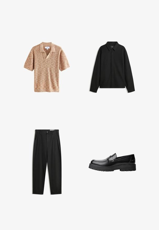 Czarna koszula-zakładka z długimi rękawami i spiczastym kołnierzykiem, z przodu z guzikami i gładką fakturą. Luźny krój z obniżonymi ramionami.; Krótki rękaw sweter w strukturalnym, jasnobrązowym splotem z dekoltem w kształcie litery V i kołnierzykiem. Posiada skośny wzór na całej powierzchni.; Czarne bawełniane spodnie o luźnym kroju, z klasycznym pasem, przednimi plisy oraz bocznymi kieszeniami. Gładka struktura, bez wzorów.; Czarne skórzane mokasyny z grubą, bieżnikowaną podeszwą i dekoracyjnym paskiem na górze, pokazane w lewym profilu na białym tle.
