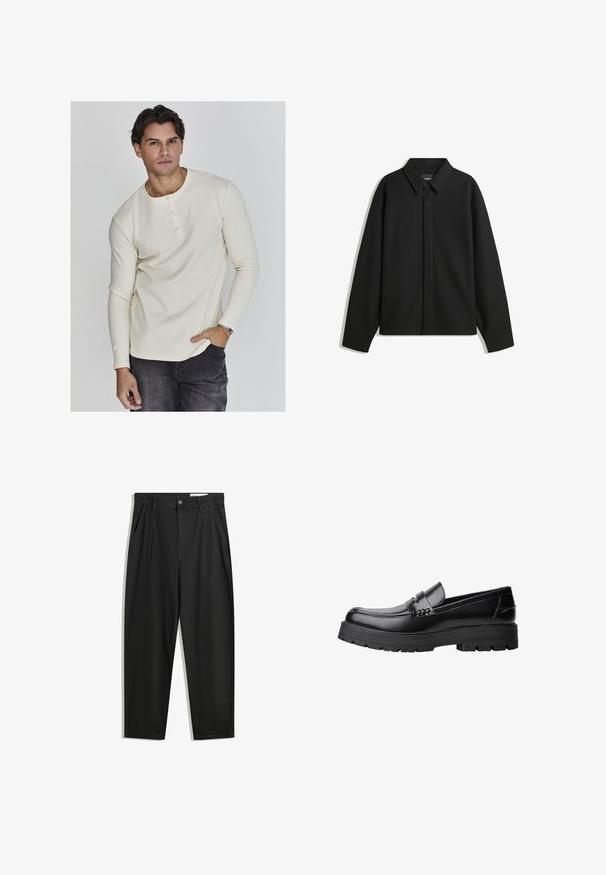 Sort langærmet skjortejakke med spids krave, frontklap og glat overflade. Relaxed fit med sænkede skuldre.; Langærmet cremefarvet ribbet henley-shirt med rund halsudskæring, tre-knaps lukning og tætsiddende manchetter, parret med mørke jeans.; Sorte bomuldsbukser med en afslappet pasform, der har en klassisk talje, frontfolder og sidelommer. Glat tekstur uden mønstre.; Sort læderloafer med kraftig sål og dekorativ rem henover, vist i venstre sideprofil på hvid baggrund.