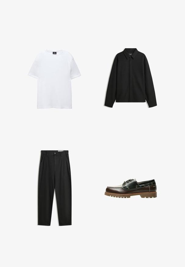 Musta pitkähihainen paita-takki, jossa on terävä kaulus, etupaneeli ja sileä materiaali. Rento istuvuus ja laskeutuvat olkapäät.; Valkoinen puuvillapaita lyhyillä hihoilla, pyöreällä pääntiellä ja rentoa muotoilua. Tasainen rakenne ilman kuvioita tai koristeita.; Mustat puuvillahousut rentoa mallia, joissa on klassinen vyötärö, etukangastukset ja sivutaskut. Sileä pinta ilman kuvioita.; Ruskea ja musta nahkainen purjevenekenkä nauhoituksella, kontrastipistelyllä ja teksturoidulla kumipohjalla. Ominaisuuksiin kuuluu metalliset reiät ja pyöreä kärki.