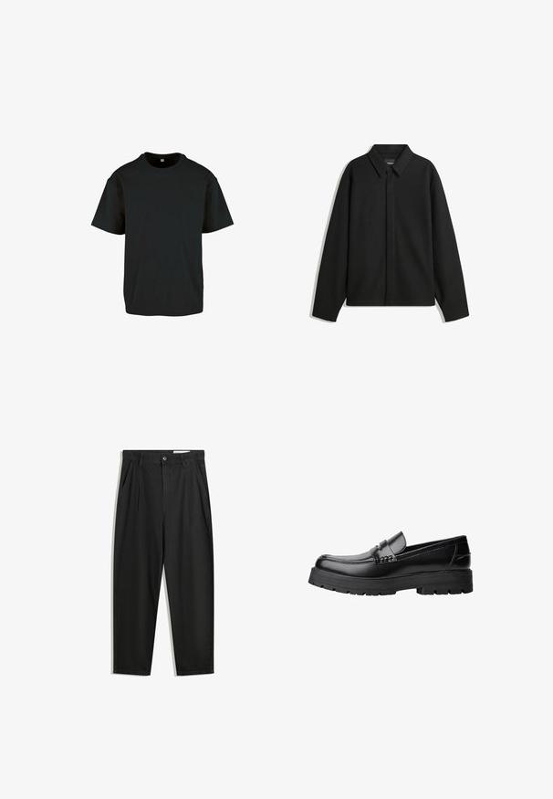 Jachetă neagră cu mâneci lungi și guler ascuțit, cu placket frontal și o textură netedă. Croială lejeră cu umeri lăsați.; Tricou din bumbac negru, cu guler rotund și mâneci scurte; are o croială lejeră și o suprafață netedă, texturată.; Pantaloni negri din bumbac cu croială lejeră, având un brâu clasic, plii frontale și buzunare laterale. Textură netedă fără modele.; Mocasini din piele neagră, cu talpă groasă și profilată și bandă decorativă pe partea superioară, prezentati din profil stâng pe fundal alb.