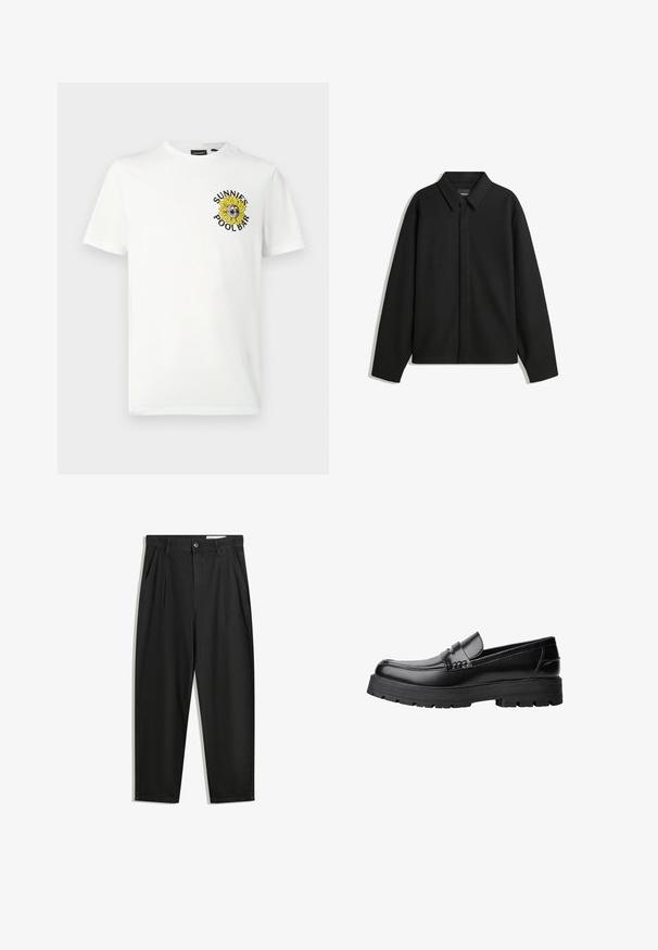 Crna jakna s dugim rukavima i oštrim ovratnikom, prednjim kopčanjem i glatkom teksturom. Opušteni kroj s spuštenim ramenima.; Bijela pamučna majica s grafičkim prikazom suncokreta sa sunčanim naočalama i natpisom "SUNNIES POOLBAR" u crnoj i žutoj boji.; Crne pamučne hlače s opuštenim krojem, s klasičnim pojasom, prednjim nabranjima i bočnim džepovima. Glatka tekstura bez uzoraka.; Crna kožna mokasina s debelim potplatima i dekorativnom trakom preko gornjeg dijela, prikazana u lijevom bočnom profilu na bijeloj pozadini.