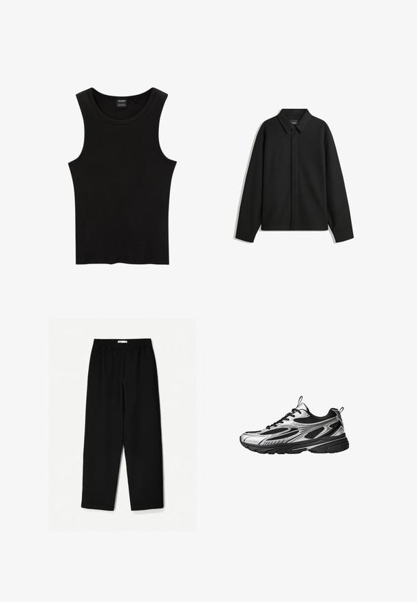 Črna dolga majica s kratkimi rokavi z ostrim ovratnikom, sprednjim zapiranjem in gladko teksturo. Ohlapen kroj z nizkimi rameni.; Črna rebrasta majica brez rokavov z okrogłym izrezom in širokimi armhole, izdelana iz mehkega, raztegljivega materiala. Oznaka: Pull&Bear.; Črne široke hlače iz lahkotnega materiala. Imajo elastičen pas in gladko teksturo. Brez vidnih vzorcev ali dodatkov.; Tekmovalna obutev s kovinsko srebrno in črno zasnovo, mrežnimi paneli, debelim črnim podplatom ter vezanjem z zankami na jeziku in peti.