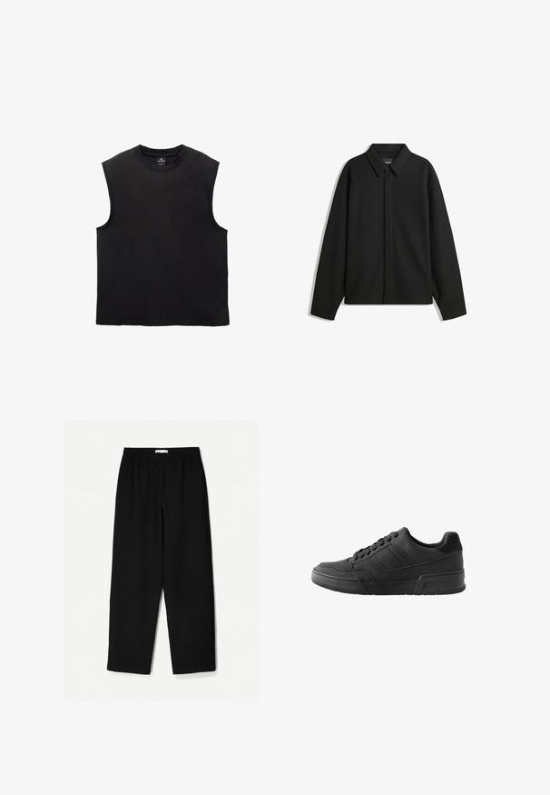 Schwarze Langarmhemdjacke mit spitzem Kragen, Frontblende und glatter Textur. Lässiger Schnitt mit abgesenkten Schultern.; Schwarzes ärmelloses Baumwoll-T-Shirt mit rundem Halsausschnitt, lässiger Passform und genähten Saumdetails. Glatte Textur, simples Design.; Schwarze, weit geschnittene Hose aus leichtem Stoff. Mit elastischem Bund und glatter Textur. Keine sichtbaren Muster oder Beschläge.; Schwarze Sneakers mit einem Obermaterial aus glattem Leder, kontrastierenden Wildlederelementen, strukturiertem Design und einer strukturierten Gummisohle.