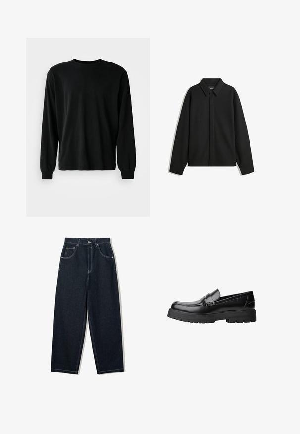 Fekete, hosszú ujjú ingdzseki hegyes gallérral, elülső gombolással és sima textúrával. Laid-back fit, lekonyult vállakkal.; Fekete, hosszú ujjú pamut póló, kerek nyakkivágással, laza szabással és szűkített mandzsettával, sima textúrával és látható minták nélkül.; Széles szárú, sötét farmernadrág kontrasztos fehér varrással, öt zsebbel és gombos záródással. Magas derék kialakítás jellemzi.; Fekete bőr loaferek vastag, bordázott talppal és díszcsíkkal az upper rész felett, bal oldali profilmódban, fehér háttér előtt.