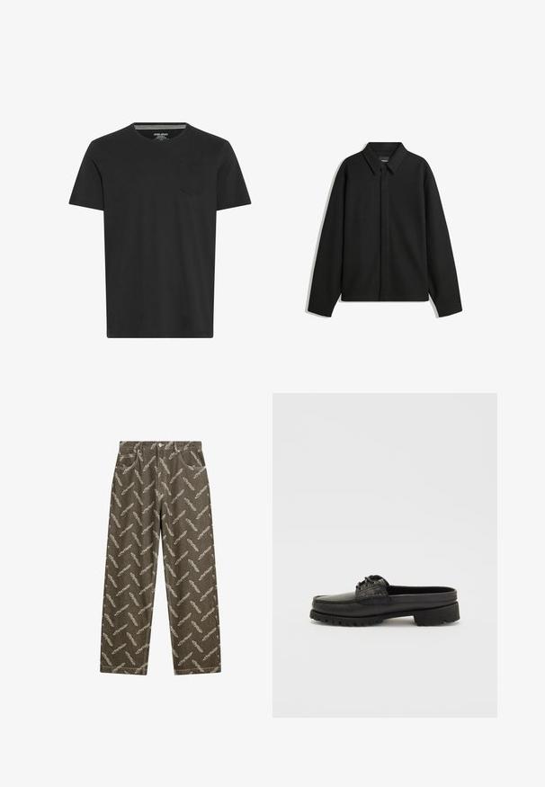 Musta pitkähihainen paita-takki, jossa on terävä kaulus, etupaneeli ja sileä materiaali. Rento istuvuus ja laskeutuvat olkapäät.; Mustan lyhythihaisen T-paidan on valmistettu puuvillasta. Siinä on pyöreä kaula-aukko ja pieni tasku vasemmassa rinnassa. Sujuva pinta ja yksinkertainen muotoilu.; Khaki farkkuhousut, joissa on kevyessä beigessä toteutettu höyhenkuvio. Rennot istuvuus, tavalliset taskut ja kontrastipistoja.; Musta nahkainen slip-on-kenkä, jossa on nauhakiinnitys, pyöristetty kärki ja teksturoitu pohja. Sisältää hieman kohotetun kannan ja sileän pinnan.