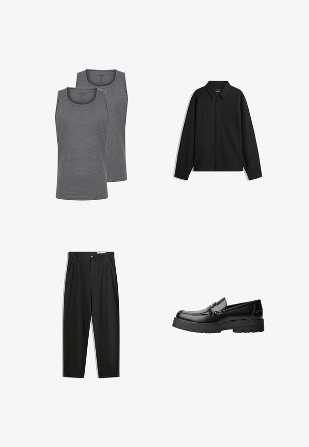Černá bunda s dlouhým rukávem, špičatým límcem, přední légou a hladkým texturem. Volný střih s kleslými rameny.; Dvě šedé tílka vyrobené z měkké bavlněné směsi. Mají kulatý výstřih a bezrukávový design. Hladká textura a standardní střih.; Černé bavlněné kalhoty s uvolněným střihem, klasickým pasem, předními záhyby a bočními kapsami. Hladká textura bez vzorů.; Černé kožené mokasíny s masivní podrážkou a dekoračním páskem přes horní část, zobrazené v levém bočním profilu na bílém pozadí.