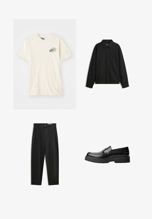 Musta pitkähihainen paita-takki, jossa on terävä kaulus, etupaneeli ja sileä materiaali. Rento istuvuus ja laskeutuvat olkapäät.; Kermavärinen puuvillapaita, jossa on pyöreä pääntie ja lyhyet hihat. Vasemmassa rinnassa on pieni musta logo ja värikkäitä pisteitä.; Mustat puuvillahousut rentoa mallia, joissa on klassinen vyötärö, etukangastukset ja sivutaskut. Sileä pinta ilman kuvioita.; Musta nahkainen loaferi, jossa on paksu urheilupohja ja koristeellinen hihna yläpääkkeellä, esitettynä vasemman sivuprofiilin kuvassa valkoista taustaa vasten.