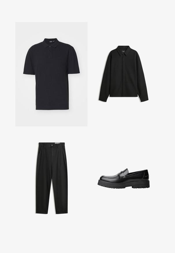 Fekete, hosszú ujjú ingdzseki hegyes gallérral, elülső gombolással és sima textúrával. Laid-back fit, lekonyult vállakkal.; Fekete pólóing, amely pamutból készült, struktúrált gallérral, két gombos záródással, rövid ujjakkal és megemelt logóval a bal mellrészen.; Fekete pamut nadrág laza szabással, klasszikus derékrésszel, elülső hajtásokkal és oldalsó zsebekkel. Simább textúra minta nélkül.; Fekete bőr loaferek vastag, bordázott talppal és díszcsíkkal az upper rész felett, bal oldali profilmódban, fehér háttér előtt.