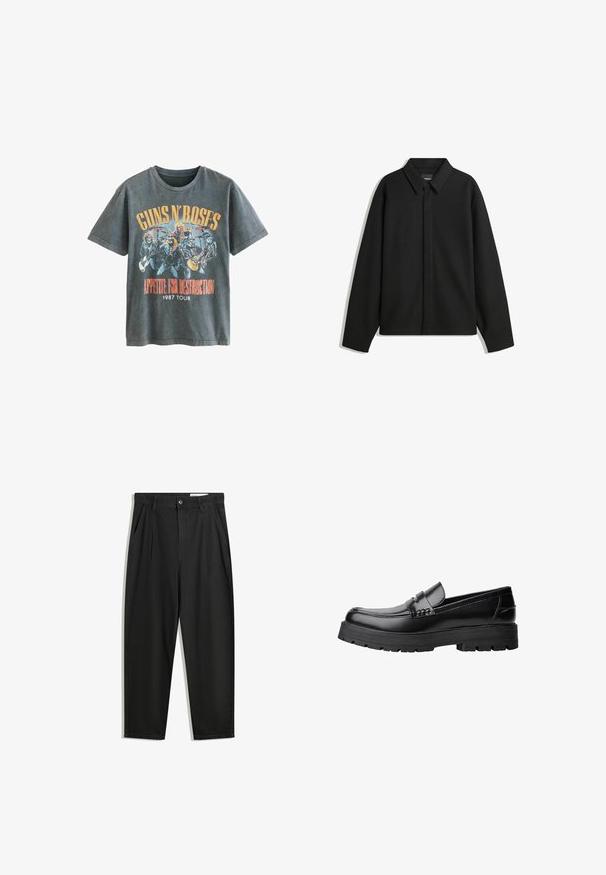 Schwarze Langarmhemdjacke mit spitzem Kragen, Frontblende und glatter Textur. Lässiger Schnitt mit abgesenkten Schultern.; Next LICENSE REGULAR - T-Shirt print - charcoal grey guns n roses; Schwarze Baumwollhose mit lockerem Schnitt, ausgestattet mit einem klassischen Bund, vorderen Falten und Seiten taschen. Glatte Textur ohne Muster.; Schwarzer Lederloafer mit grobem, rutschfestem Sohlenprofil und dekorativem Riemen über der Oberseite, seitlich links auf weißem Hintergrund abgebildet.