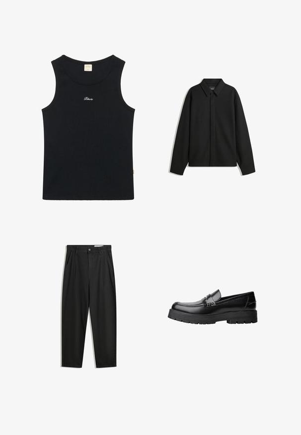 Fekete, hosszú ujjú ingdzseki hegyes gallérral, elülső gombolással és sima textúrával. Laid-back fit, lekonyult vállakkal.; Fekete bordázott ujjatlan felső, kerek nyakkal és steppelt aljjal. Az elülső részén fehér hímzett "Blkrts" logó található. Puha pamut keverék anyagból készült.; Fekete pamut nadrág laza szabással, klasszikus derékrésszel, elülső hajtásokkal és oldalsó zsebekkel. Simább textúra minta nélkül.; Fekete bőr loaferek vastag, bordázott talppal és díszcsíkkal az upper rész felett, bal oldali profilmódban, fehér háttér előtt.