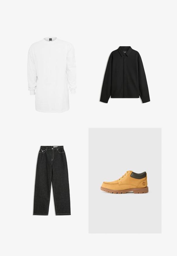 Giacca nera a maniche lunghe con colletto a punta, patta frontale e una texture liscia. Vestibilità rilassata con spalle scese.; Maglietta a maniche lunghe bianca in cotone con scollo rotondo, vestibilità ampia e polsini a costine. Design semplice, senza grafiche o motivi.; Jeans neri a gamba dritta con cuciture bianche, design a cinque tasche, chiusura con bottone e cerniera, e un piccolo logo sulla tasca frontale destra.; Scarpa in pelle gialla con suola in gomma marrone, punta rotonda e dettaglio in pelle verde alla caviglia. Presenta occhielli dorati e dettagli di cucitura.
