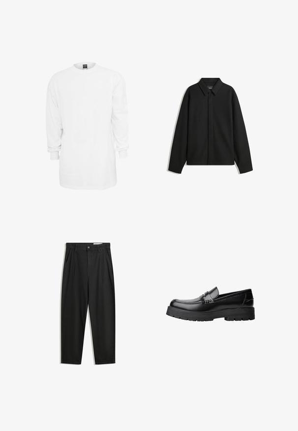 Giacca nera a maniche lunghe con colletto a punta, patta frontale e una texture liscia. Vestibilità rilassata con spalle scese.; Maglietta a maniche lunghe bianca in cotone con scollo rotondo, vestibilità ampia e polsini a costine. Design semplice, senza grafiche o motivi.; Pantaloni in cotone neri con una vestibilità rilassata, dotati di una vita classica, pieghe frontali e tasche laterali. Tessuto liscio senza fantasie.; Mocassino in pelle nera con suola spessa e tassellata e fascia decorativa sulla parte superiore, mostrato in profilo sinistro su sfondo bianco.