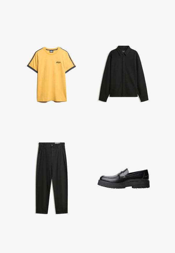 Sort langærmet skjortejakke med spids krave, frontklap og glat overflade. Relaxed fit med sænkede skuldre.; Gul bomulds T-shirt med grå accentstriber på ærmerne. Har et lille broderet logo på brystet og en rund halsudskæring.; Sorte bomuldsbukser med en afslappet pasform, der har en klassisk talje, frontfolder og sidelommer. Glat tekstur uden mønstre.; Sort læderloafer med kraftig sål og dekorativ rem henover, vist i venstre sideprofil på hvid baggrund.