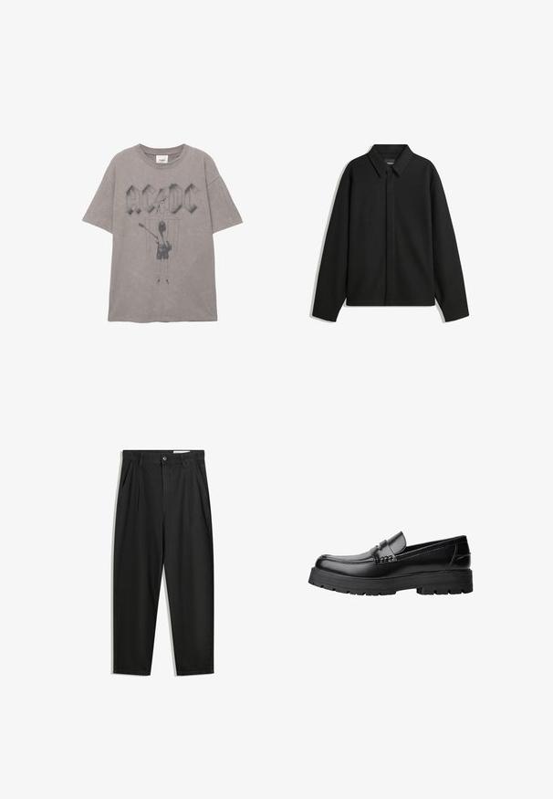 Crna jakna s dugim rukavima i oštrim ovratnikom, prednjim kopčanjem i glatkom teksturom. Opušteni kroj s spuštenim ramenima.; Siva pamučna majica s kratkim rukavima i okruglim izrezom, na kojoj se nalazi veliki AC/DC logo i grafika gitarista na leđima.; Crne pamučne hlače s opuštenim krojem, s klasičnim pojasom, prednjim nabranjima i bočnim džepovima. Glatka tekstura bez uzoraka.; Crna kožna mokasina s debelim potplatima i dekorativnom trakom preko gornjeg dijela, prikazana u lijevom bočnom profilu na bijeloj pozadini.