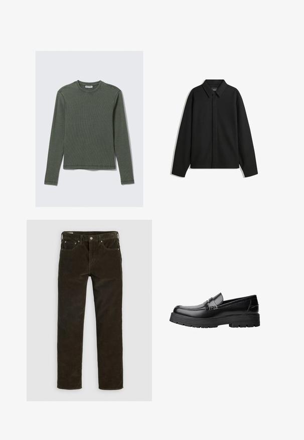 Musta pitkähihainen paita-takki, jossa on terävä kaulus, etupaneeli ja sileä materiaali. Rento istuvuus ja laskeutuvat olkapäät.; Pitkähihainen, ribbineulepusero tummanvihreänä, jossa on pyöreä pääntie ja suora helma. Valmistettu pehmeästä kankaasta, jossa on minimaalinen saumaus ja ei näkyviä kuvioita.; Ruske hlače od kordura u ravnom kroju, s pet džepova, vidljivim šavovima i teksturiranim finišem. Metalni gumb za kopčanje u struku.; Musta nahkainen loaferi, jossa on paksu urheilupohja ja koristeellinen hihna yläpääkkeellä, esitettynä vasemman sivuprofiilin kuvassa valkoista taustaa vasten.