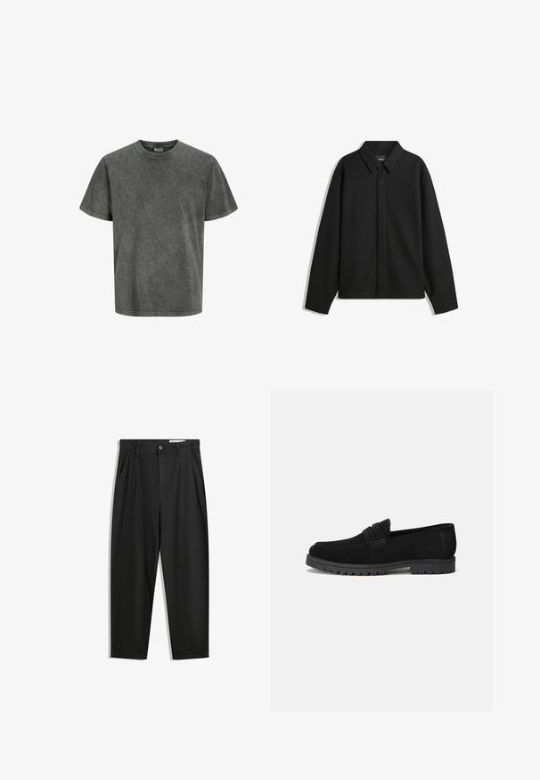 Jachetă neagră cu mâneci lungi și guler ascuțit, cu placket frontal și o textură netedă. Croială lejeră cu umeri lăsați.; Tricou cu mânecă scurtă de culoare gri închis estompat, fabricat dintr-un material moale, cu guler rotund și o croială lejeră. Textură netedă, fără modele.; Pantaloni negri din bumbac cu croială lejeră, având un brâu clasic, plii frontale și buzunare laterale. Textură netedă fără modele.; Loafers negri din suede cu vârful rotunjit și un accent cusut pe față. Talpă din cauciuc cu profil vizibil pentru aderență.