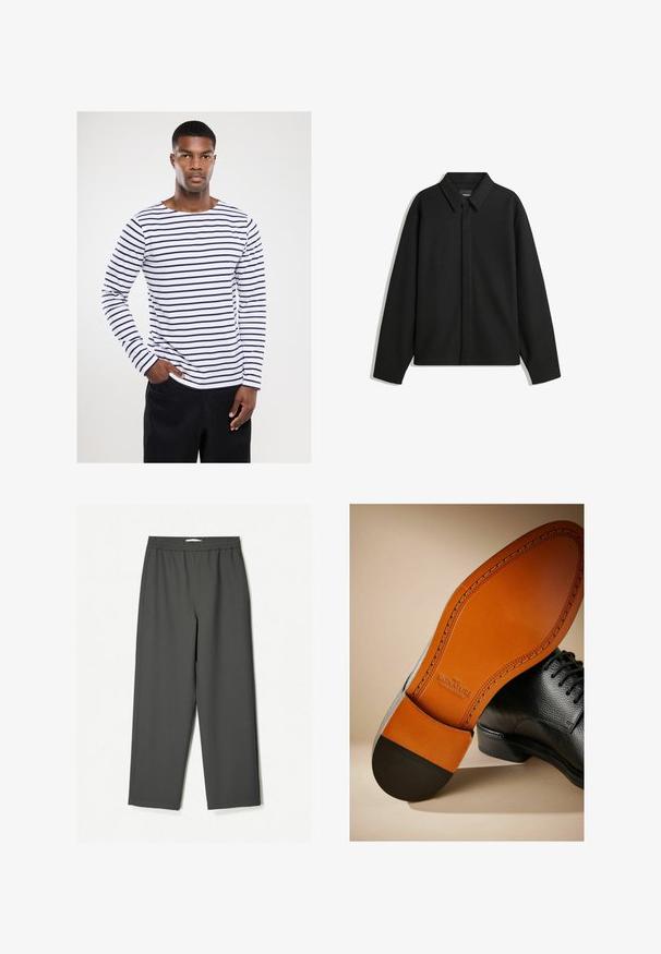 Sort langærmet skjortejakke med spids krave, frontklap og glat overflade. Relaxed fit med sænkede skuldre.; Langærmet stribet skjorte med marineblå og hvide vandrette striber, rund halsudskæring og en afslappet pasform, lavet af bomuldsstof.; Mørkegrå, højtaljede wide-leg bukser lavet af letvægtsstof. Elastisk talje, ingen synlige mønstre og sidelommer.; Sort lædersko med struktureret overdel, kontrasterende brun lædersål og sort hæl. Har synlige stikninger og logo på indersålen.