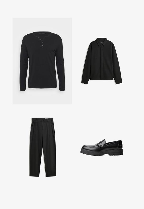 Giacca nera a maniche lunghe con colletto a punta, patta frontale e una texture liscia. Vestibilità rilassata con spalle scese.; Maglietta nera a maniche lunghe tipo henley, realizzata in tessuto morbido, con patta bottonata, scollatura rotonda e maniche aderenti.; Pantaloni in cotone neri con una vestibilità rilassata, dotati di una vita classica, pieghe frontali e tasche laterali. Tessuto liscio senza fantasie.; Mocassino in pelle nera con suola spessa e tassellata e fascia decorativa sulla parte superiore, mostrato in profilo sinistro su sfondo bianco.