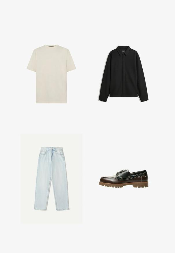 Fekete, hosszú ujjú ingdzseki hegyes gallérral, elülső gombolással és sima textúrával. Laid-back fit, lekonyult vállakkal.; Világos bézs pamut póló klasszikus kerek nyakkal és rövid ujjakkal. Egyszerű, díszítetlen dizájn. Puha textúra, normál szabás.; Világoskék farmernadrág, laza szabással, egyenes szárú kialakítással, öt zsebes stílussal és finom elhalványulással az anyagon.; Barna és fekete bőrből készült hajócipő fűzővel, kontrasztos varrással és texturált gumitalppal. Fém szemen található, lekerekített orr-résszel.