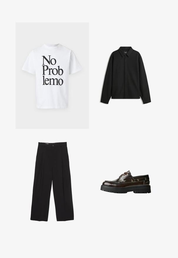 Musta pitkähihainen paita-takki, jossa on terävä kaulus, etupaneeli ja sileä materiaali. Rento istuvuus ja laskeutuvat olkapäät.; Valkoinen puuvillapaita, jossa musta teksti "No Problemo" vaihtelevilla fonttikokoilla. Klassinen pyöreä kaula-aukko ja lyhyet hihat.; Mustat väljät housut, jotka on valmistettu sileästä kankaasta ja joissa on litteä vyötärö, etupleaatit ja yksi nappisulku.; Ruskea nahkainen venehepo, jossa on kumipohja, ompelu yksityiskohtia, metalliset rei'itykset ja nauhoitussuunnittelu. Raskas, mutta kevyt rakenne.