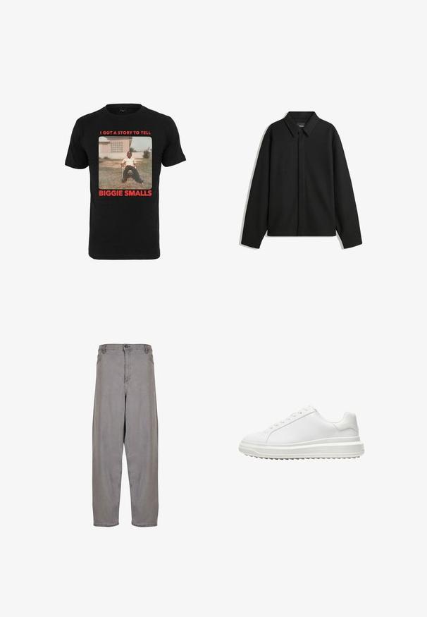 Czarna koszula-zakładka z długimi rękawami i spiczastym kołnierzykiem, z przodu z guzikami i gładką fakturą. Luźny krój z obniżonymi ramionami.; Czarna bawełniana koszulka z vintage'owym zdjęciem i czerwonym napisem "MAM HISTORIĘ DO OPOWIEDZENIA BIGGIE SMALLS" pod obrazkiem.; Szare dżinsowe spodnie o wysokim stanie, szerokiej nogawce, z zamkiem błyskawicznym z przodu i zapięciem na guzik. Gładka faktura i minimalistyczny design.; Białe sneakersy z gładką syntetyczną cholewką, okrągłym noskiem, płaskimi sznurowadłami, teksturowana podeszwa oraz warstwowym, platformowym designem dla dodatkowej wysokości.